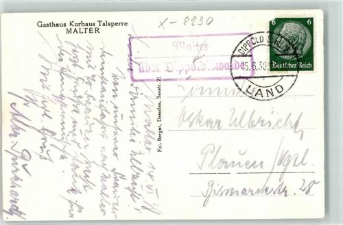 Dippoldiswalde Landpoststempel Malter Gasthaus Kurhaus Talsperre Segelboot