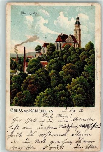 01917 O8290 Kamenz 1901 Gebrauchsspuren Stadtkirche Lithographie