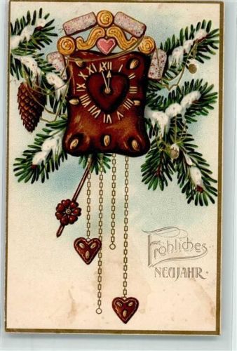 Eine Uhr aus Lebkuchen schlägt Zwölf Neujahr Lithographie Lebkuchen 1906 Prägedruck