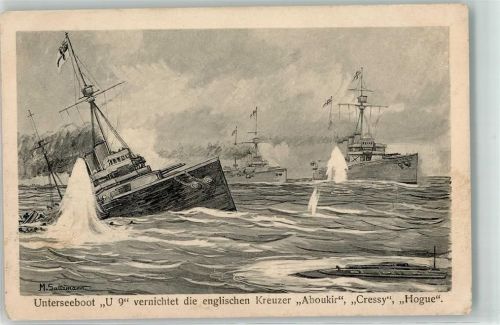 1917 U-9 vernichtet die englischen Kreuzer Aboukir und Cressy sign. Saltzmann AK