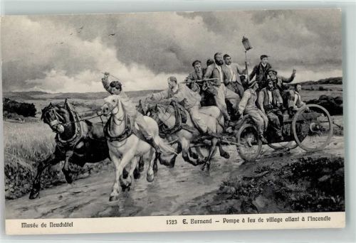 Pompe a feu de village allant a l`incendie - Dorf-Feuerlöschpumpe Feuerwehr 1912 Künstlerkarte