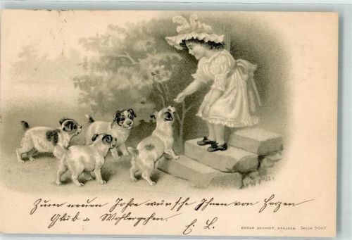 1900 Mädchen auf Treppe füttert vier Hundewelpen Lithographie Edgar Schmidt Serie 7047