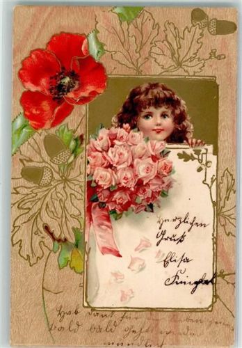 Mädchen mit Rosenstrauß Mohnblume Eicheln Pflanzen 1902 Prägedruck