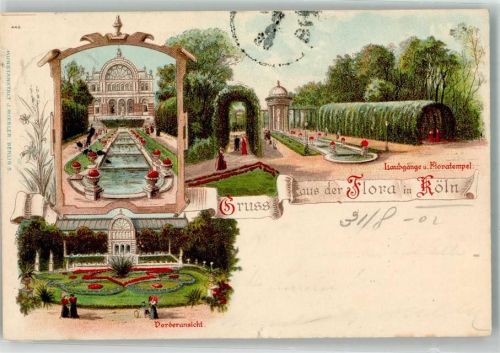 Köln Nippes 501 1902 Botanischer Garten Laubgänge Floratempel Lithographie