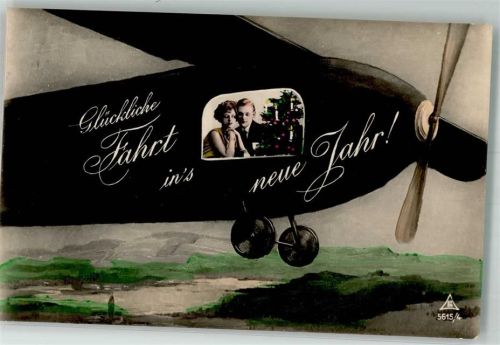 Neujahr Liebespaar Photochemie 5615-4 Glückwunsch Flugzeug 1929 Fotomontage AK