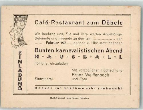 Konstanz 1930 - 1935 Brauchtum Einladung Restaurant zum Döbele von Franz Weiffenbach Karnevalistischer Abend