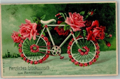 1908 Prägedruck Namenstag Fahrrad mit Rosen geschmückt