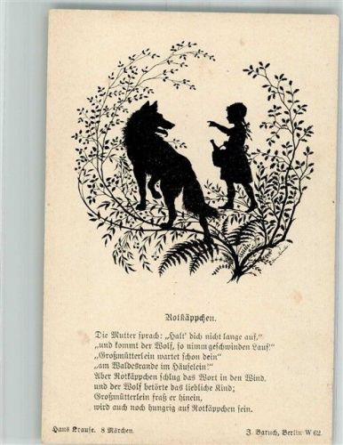 sign. Krause, Hans Scherenschnitt mit Szene und Textzeile aus dem Märchen