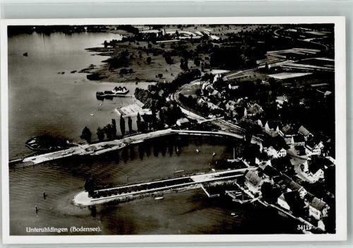 Unteruhldingen 1939 Fliegeraufnahme des Ortes mit Hafen und den Pfahlbauten