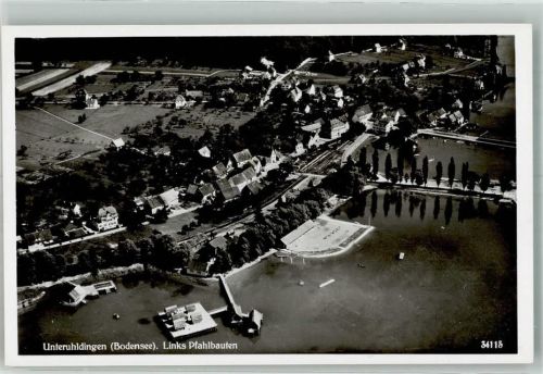 88690 W7772 Unteruhldingen , Bodensee 1939 Foto AK Fliegeraufnahme Strähle Schwimmbad Pfahlbauten