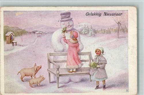 Gelukkig Nieuwjaar - Kinder mit Schweine und Myrte 1914 AK