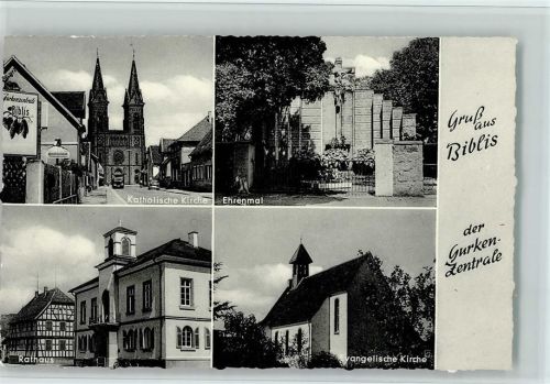Biblis Kath. Kirche Ehrenmal Rathaus Evangel. Kirche 4-Bildaufnahme
