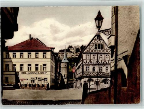 Karlstadt Blick zum Maintor und Karlsburg Hotel Schwarzer Adler Fachwerkhaus