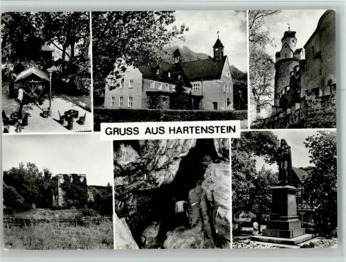 Hartenstein Gartenrestaurant der Bahnhofsgaststätte Bahnhof mit Gaststätte Burg Stein Oberburg Ruine des Schlosses Hartenstein Prinzenhöhle Fleming-Denkmal am Markt Mehrfachaufnahme