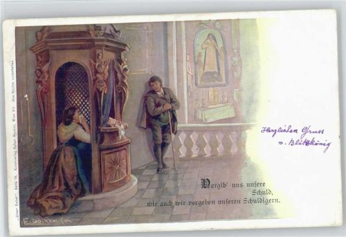 Serie 14 "Unser Gebet" Vergib uns unsere Schuld ---- Beichtstuhl i.d. Kirche - 1900 AK