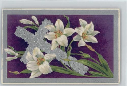 1917 Kreuz in Silberdruck u. weiße Blumen
