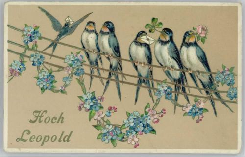 Hoch Leopold - Schwalben mit Vergissmeinnicht - Golddruck, Litho Präge