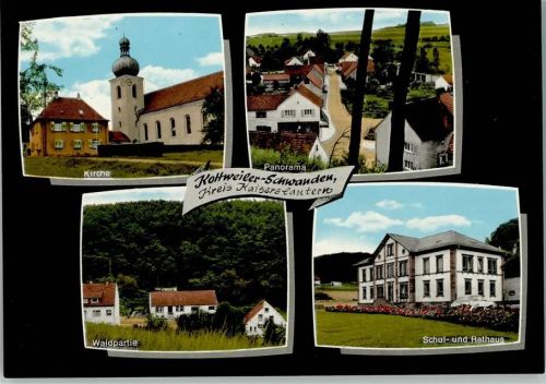 Kottweiler-Schwanden Kirche Panorama Waldpartie Schul- und Rathaus 4-Bildaufnahme
