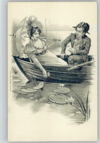 1899 Serie: "Stilles Glück" Biedermeier Glamour Liebespaar im Ruderboot, Dame mit Sonnenschirm pflückt eine Seerose