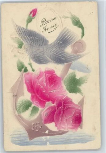 1910 Relief-Druck, Taube, Rose, Anker
