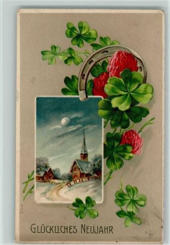 Neujahr - Kirche, Kleeblätter und eine Hufeisen 1910 AK