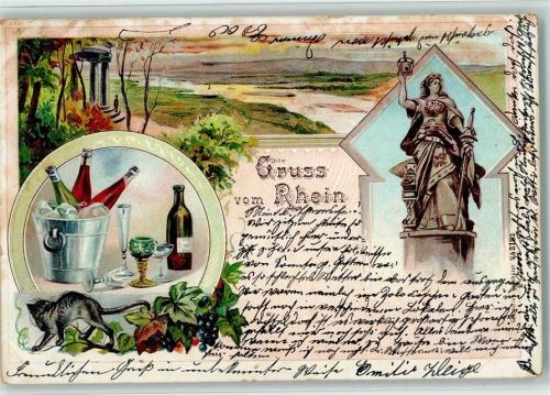 65385 W6220 Assmannshausen Lithographie Sektkühler Römer Wein Katze Weinreben Denkmal