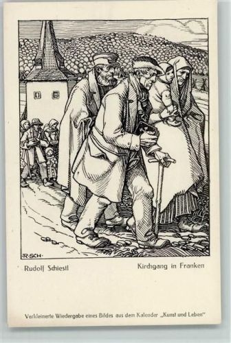 Kirchgang in Franken Federzeichnung Schiestl Künstlerkarte