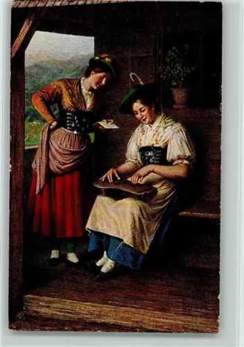 Frau in Tracht spielt auf der Zither , Freundin liest einen Brief vor Gemälde von Aloys Binder