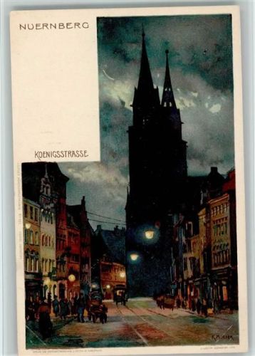 Nürnberg Königstr. bei Nacht, litho - Velten