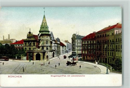 München Stiegelmayerplatz, Straßenbahn , Lißfaßsäule ca 1913 AK