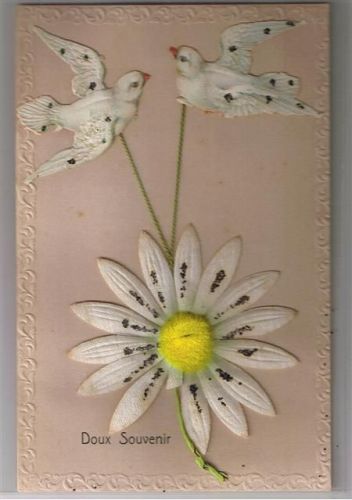 Applikation mit Leinen und Papier - Blumen, Tauben Besondere Karte