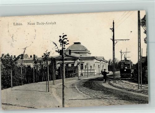 Libau 1917 Badeanstalt, Straßenbahn AK Stempelspuren