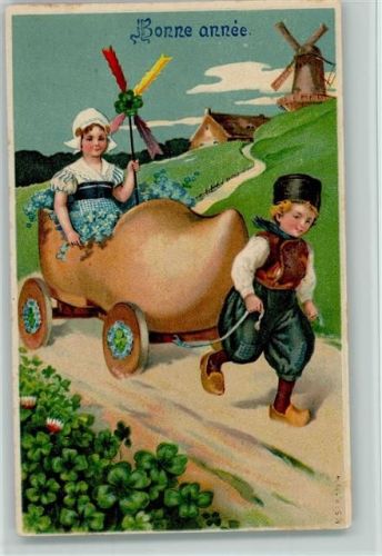 Hollandkinder - Holzschuh als Kutsche litho Neujahr