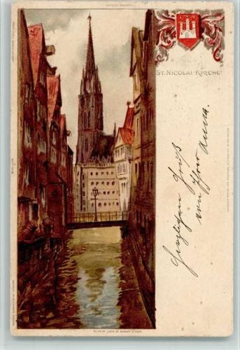 W2000 Hamburg St. Nicolai Kirche Biese, K. 1898 Lithographie / Künstlerkarte