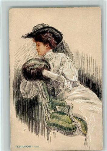 Crayon Serie - Glamour Frau mit einem Muff - Tucks AK Erwartung 397B Glamour