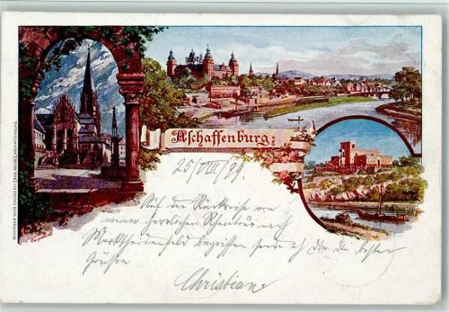 Aschaffenburg 1899 Ortsansichten Kirche 3-Bildaufnahme sign.