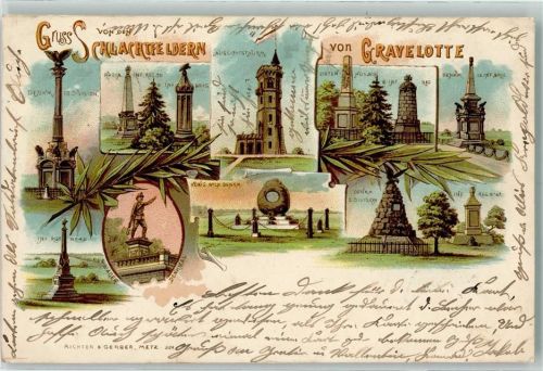 Gravelotte Gruss aus Schlachtfelder Aussichtsturm Kriegerdenkmäler Kriegerdenkmal 1898 Lithographie