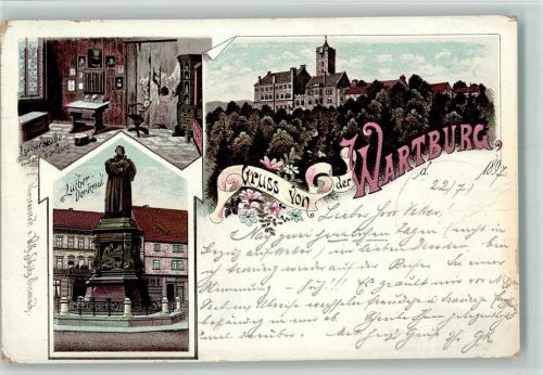 99510 O5321 Wartburg 1897 Lithographie Luther Denkmal, Lutherstube, gute Erhaltung AK 2 Ecken etwas geschürft