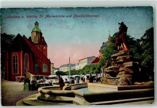 Landsberg a.d. Warthe Gorzów Wlkp. - St. Marienkirche und Pauckschbrunnen Marktszene