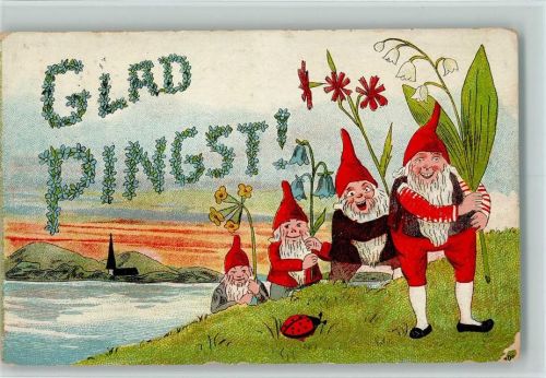 1908 Glad Pingst - Zwerge mit Blumen, Ecke geschürft