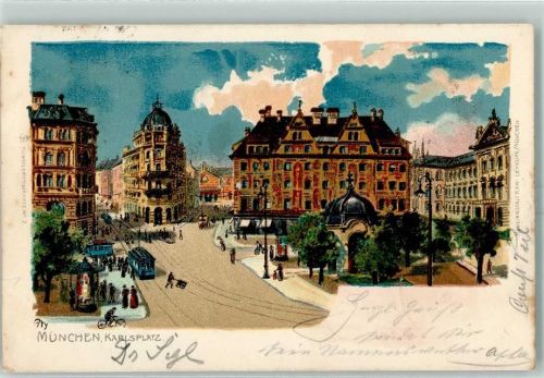 W8000 München Karlsplatz Straßenbahn Litfaßsäule sign Pty Künstler 1899 Lithographie