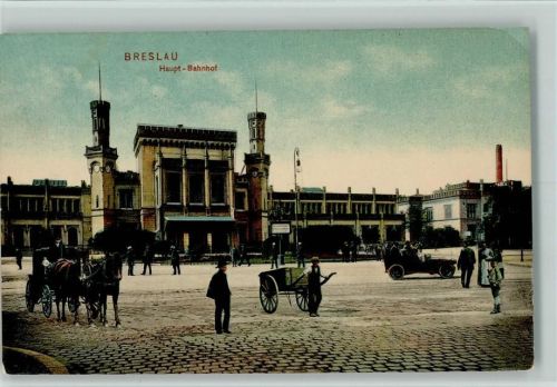 Breslau 1908 Bahnhof , Kutsche, Automobil AK