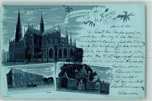 54000 Nancy 1903 Lithographie / Mondschein Eglise St. Epvre Palais du Gouvernement Fontaine L'Amphitrite Place Stanislas