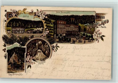 38875 O3725 Rübeland b Blankenburg, Harz Lithographie Gruss aus - Rübeland , Bahnhof, Hotel AK Bahnpost Halberstadt-Tanne Zug 109 1897