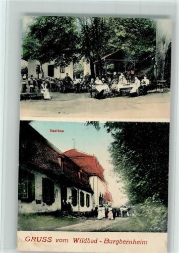 Burgbernheim 1911 Gasthaus Wildbad, Leute sitzen im Garten , gute Erhaltung AK