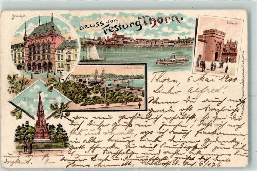 Thorn 1900 Festung Thorn Brückentor Artushof Kriegerdenkmal Eisenbahnbrücke Lithographie