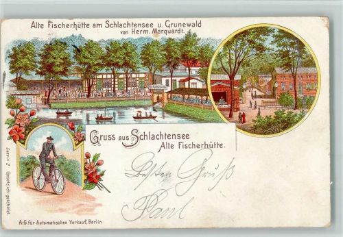 10115 W1000 Berlin Grunewald 1898 Lithographie Gruss aus - Fahrrad, Restaurant Alte Fischerhütte am Schlachtensee AK