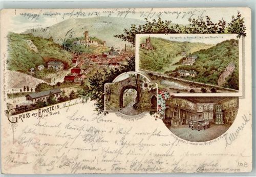 Eppstein 1898 Bergpark d. Herrn Alfred v. Neufville Westl. Thor d. Burg Eppstein Altdeutsces Zimmer im Bergfried des Parkes Bahnpost Frankfurt Main - Limburg Zug 614