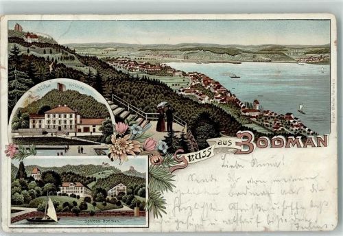 Bodman 1897 Lithographie Gasthof zur Linde Schloss Bodman