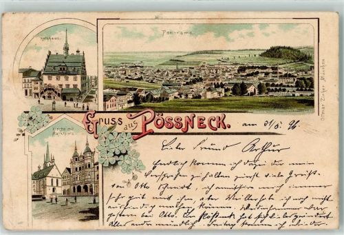 07381 O6840 Pößneck 1896 Gebrauchsspuren Rathaus Marktplatz Kirche Verlag Ottmar Zieher-München Lithographie